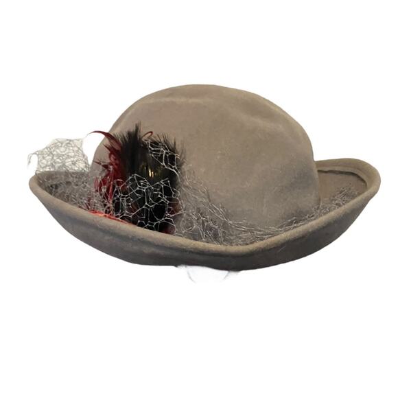 American Vintage Accessories - Vintage Doe Skin Wool Felt Tilt Hat Feather Net Veil Bollman USA 1940s 50s